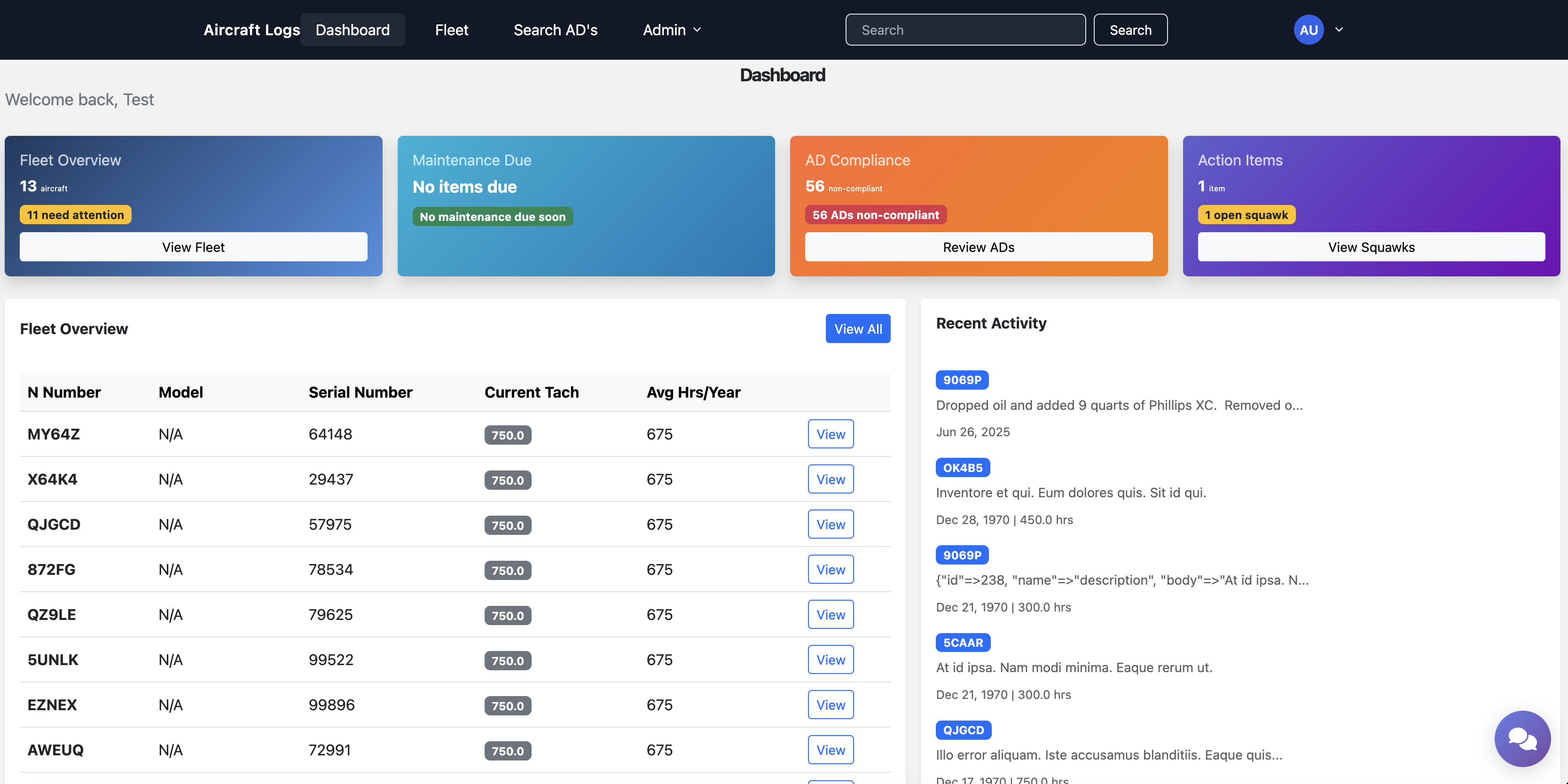 Aircraft Logs Dashboard